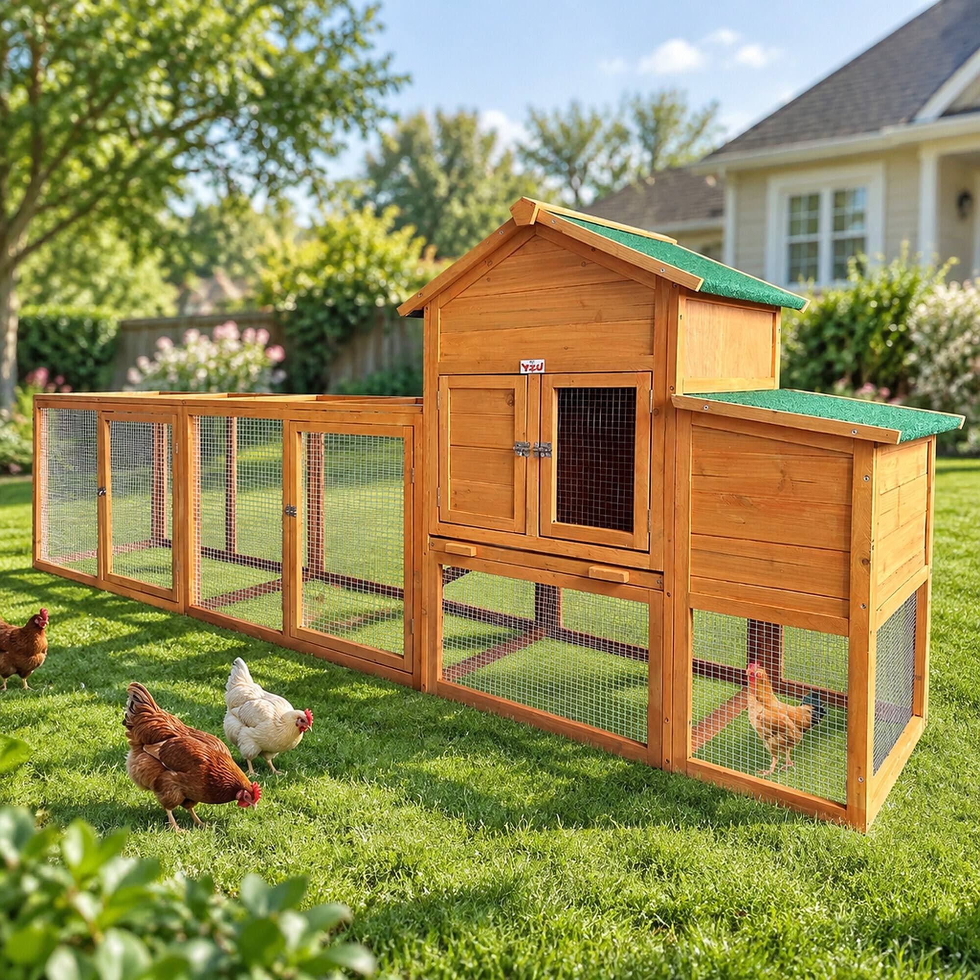 Left. RYHNUYNE - Large Wooden Chicken Coop with Run, Hen House for 2-6 Chickens, Nesting Box, Fir Wood.