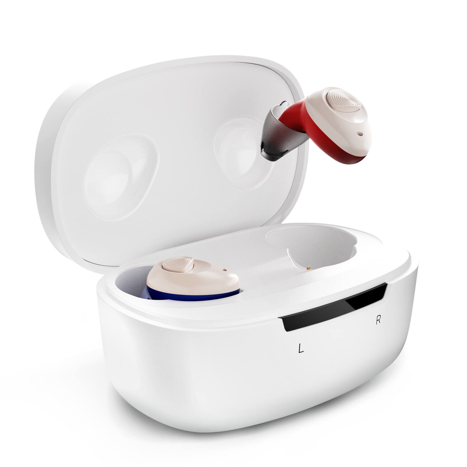 Left. Ceretone - Torch OTC Hearing Aids – Rechargeable, Wind Noise Reduction, 5 Preset Programs, Lightweight Design - The left is blue.The right is red..