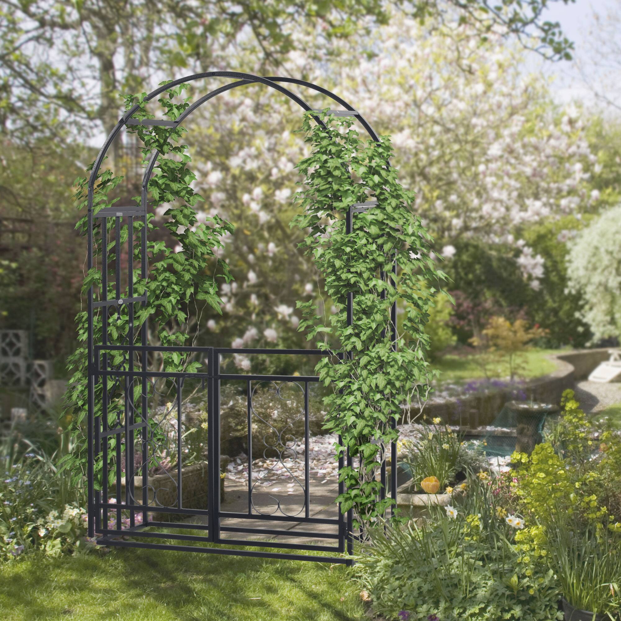 Alt View 1. Outsunny - 81" Metal Garden Arbor with Double Doors, Locking Gate, Climbing Vine Frame with Heart Motifs, Arch for Wedding - Black.