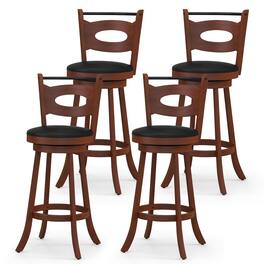 Gymax - 4PCS 360° Swivel Bar Stools Dining Chairs Solid Rubber Wood Leather Padded Brown & Black - Brown, Black