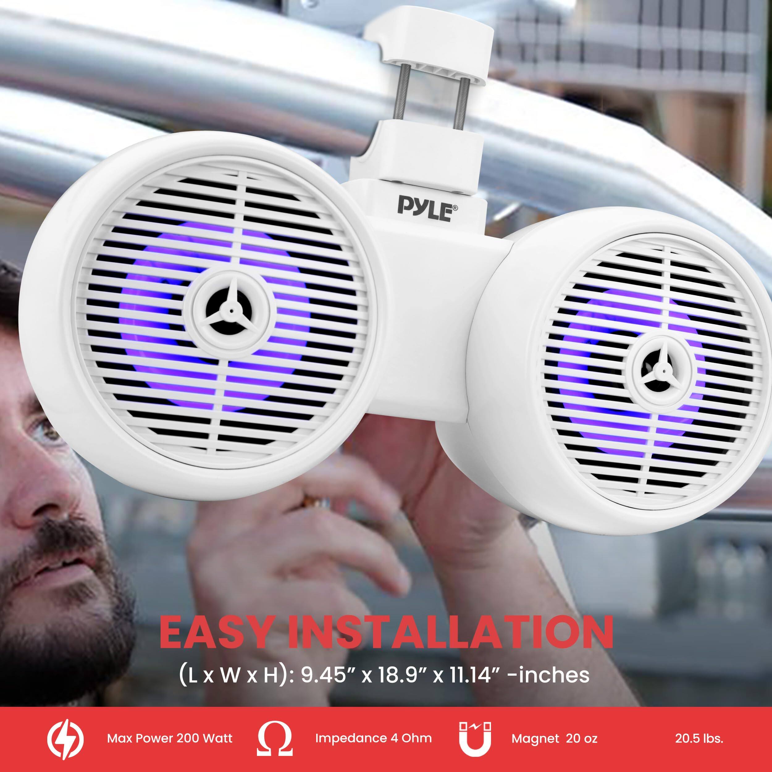 PYLE EASY INSTALLATION (L x W x H): 9.45" x 18.9" x 11.14" - inches  
Max Power: 200 Watt  
Impedance: 4 Ohm  
Magnet: 20 oz  
Weight: 20.5 lbs