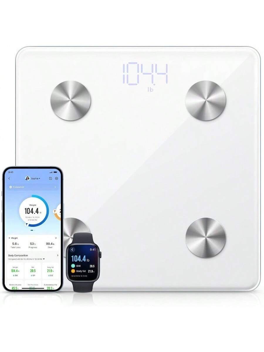 Stamp n Camp - Body weight scale tempered glass platform, sync with health apps, 6mm Thickness ideal for bathroom use - White