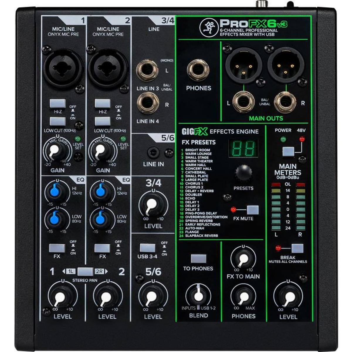 1 MIC/LINE ONYX MIC PRE  
2 MIC/LINE ONYX MIC PRE  
3/4 LINE  
6-CHANNEL PROFESSIONAL EFFECTS MIXER WITH USB (MONO)  
L BAL LINE IN 3 UNBAL PHONES  
OFF HZ ON LOW CUT (100Hz)  
MIC GAIN LEVEL SET -20 +40 GAIN EQ H 12dB -15 +15 LOW 80Hz -15 +15  
OFF H-Z a ON LOW CUT (100Hz)  
MIC GAIN LEVEL SET -20 +40 GAIN EQ H 125kHz -15 +15 LOW 80Hz -15 +15  
OFF BAL R L UNBAL R MAIN OUTS LINE IN 4  
GIGFX EFFECTS ENGINE POWER 48V  
5/6 FX PRESETS  
WARM BRIGHT LOUNGE ROOM  
88 SMALL STAGE WARM THEATER  
LINE IN WARM HALL CONCERT HALL MAIN CATHEDRAL  
METERS SMALL PLATE -8 LARGE PLATE  
3/4 CHORUS OL CHORUS PRESETS DELAY REVERB  
14