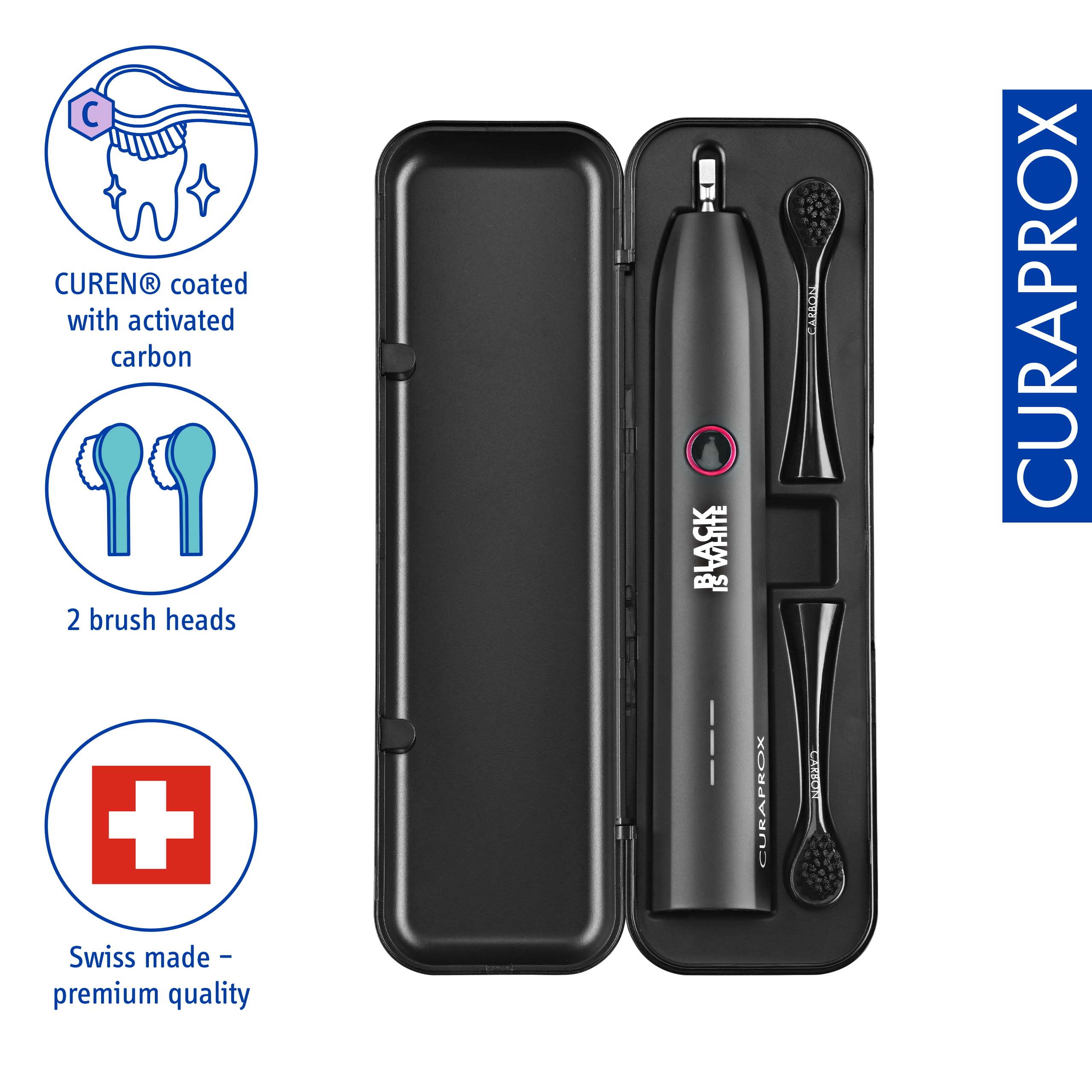 CURAPROX, CUREN® coated with activated carbon, 2 brush heads, Swiss made - premium quality, BLARK