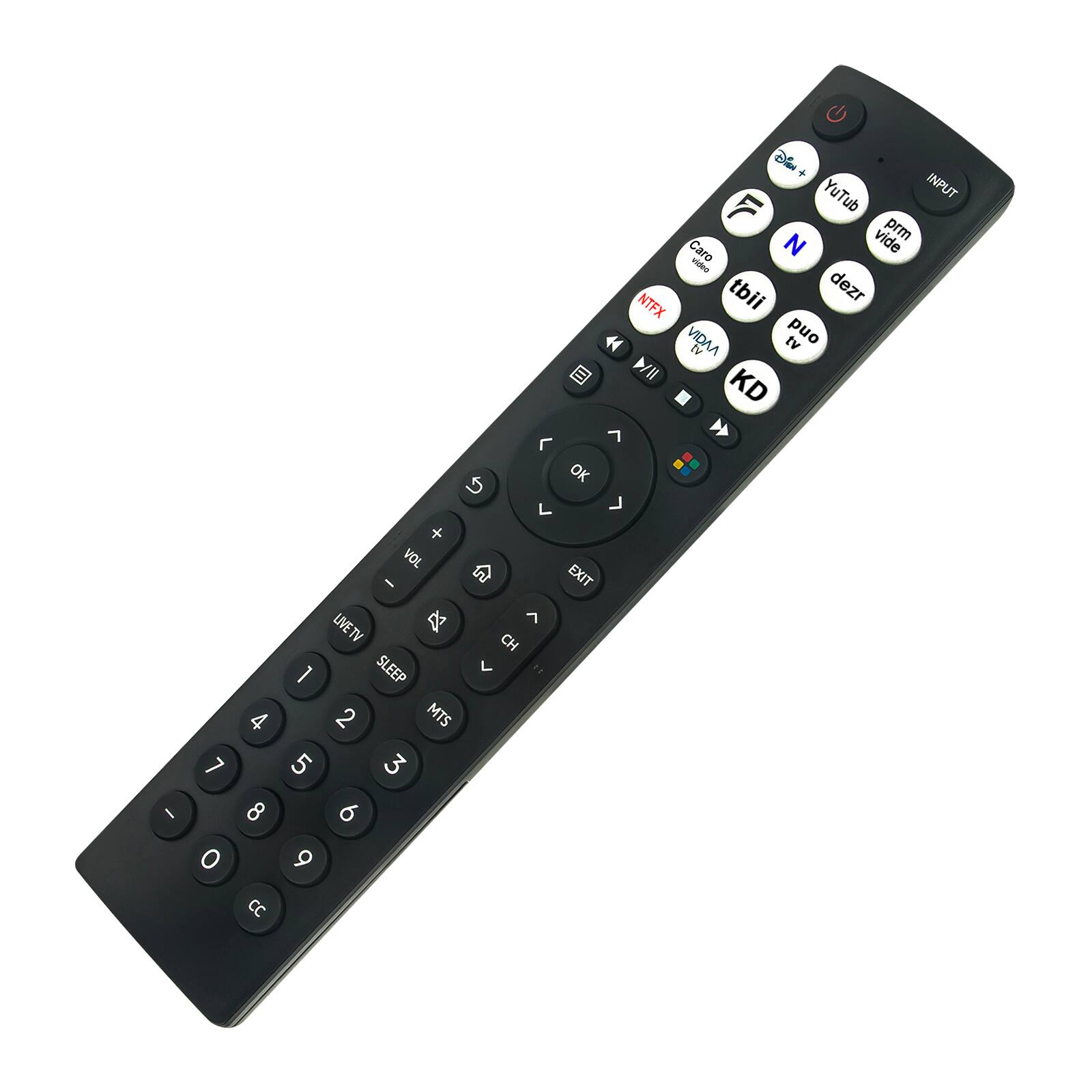 Disney + YouTube INPUT Caro N vide video NTFX tbii dezr VIDM tv tv ond KD 7 OK L + VOL EXIT 7 LIVE TV CH SLEEP L L 4 2 MTS 7 5 3 8 6 O 9 CC