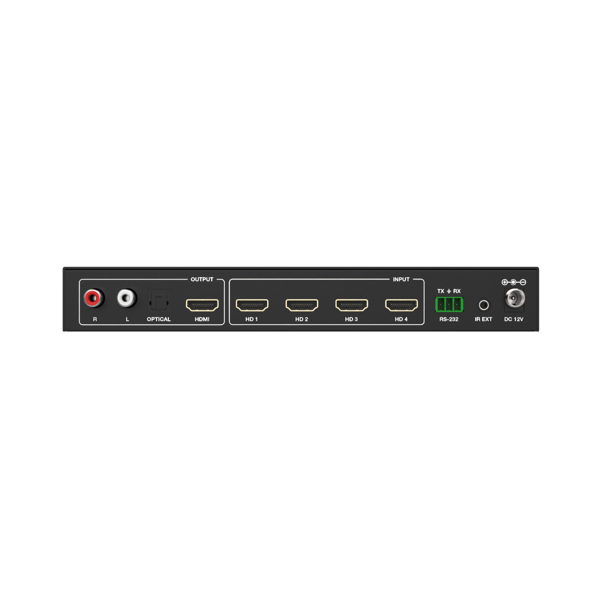 OUTPUT INPUT | L OPTICAL HDMI HD 1 HD 2 HD 3 HD 4 S-232 IH EXT DC 12V