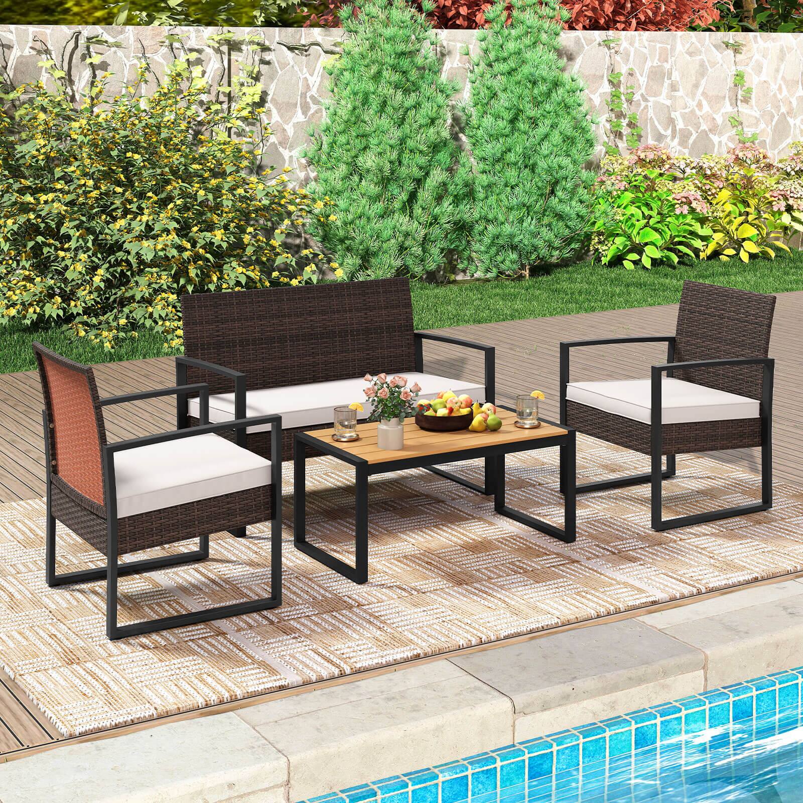 Alt View 3. Costway - Costway 8 Piece Patio Furniture Set with Cushioned Chairs & Wood Plastic Coffee Table - Off White.