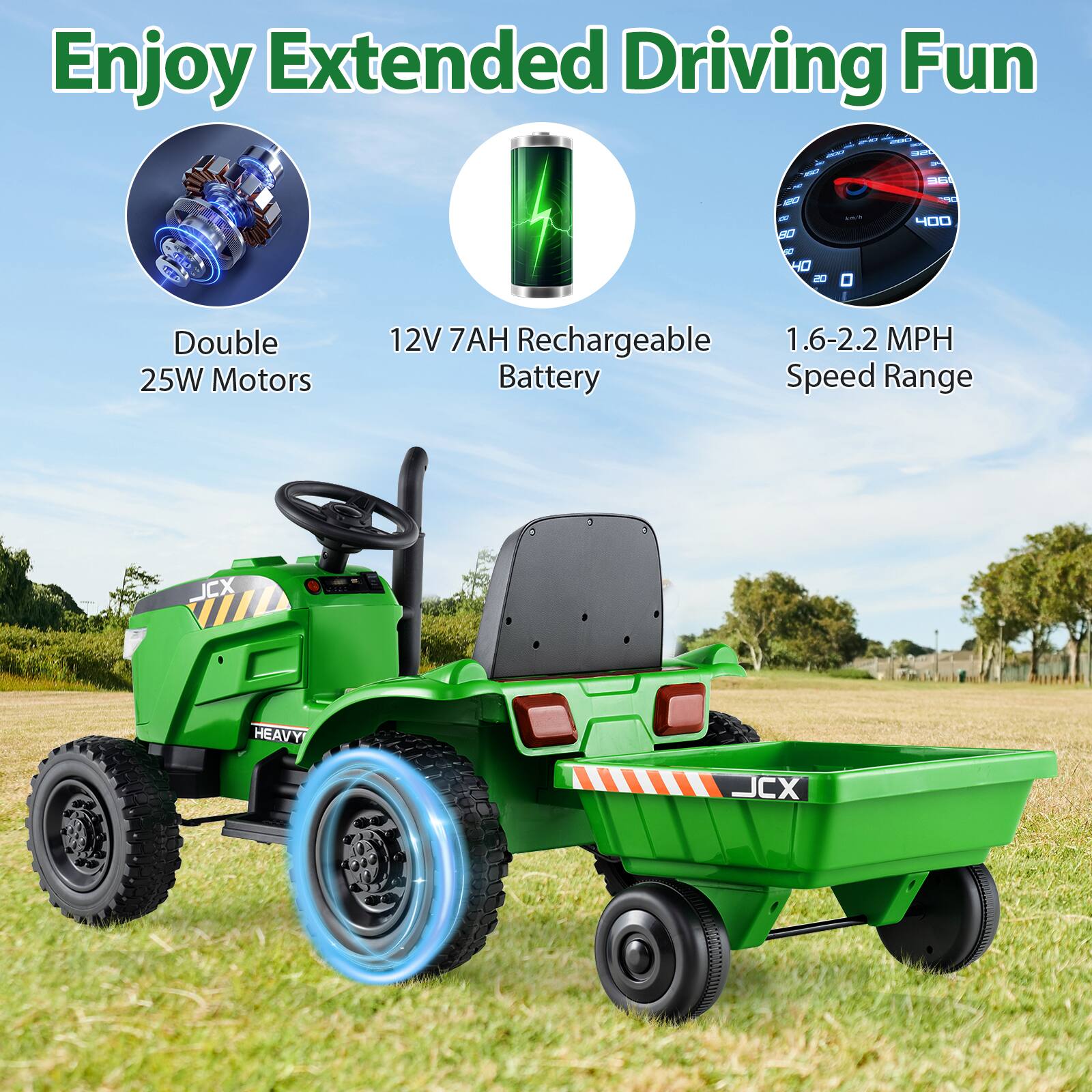Enjoy Extended Driving Fun

- Double 25W Motors
- 12V 7AH Rechargeable Battery
- 1.6-2.2 MPH Speed Range