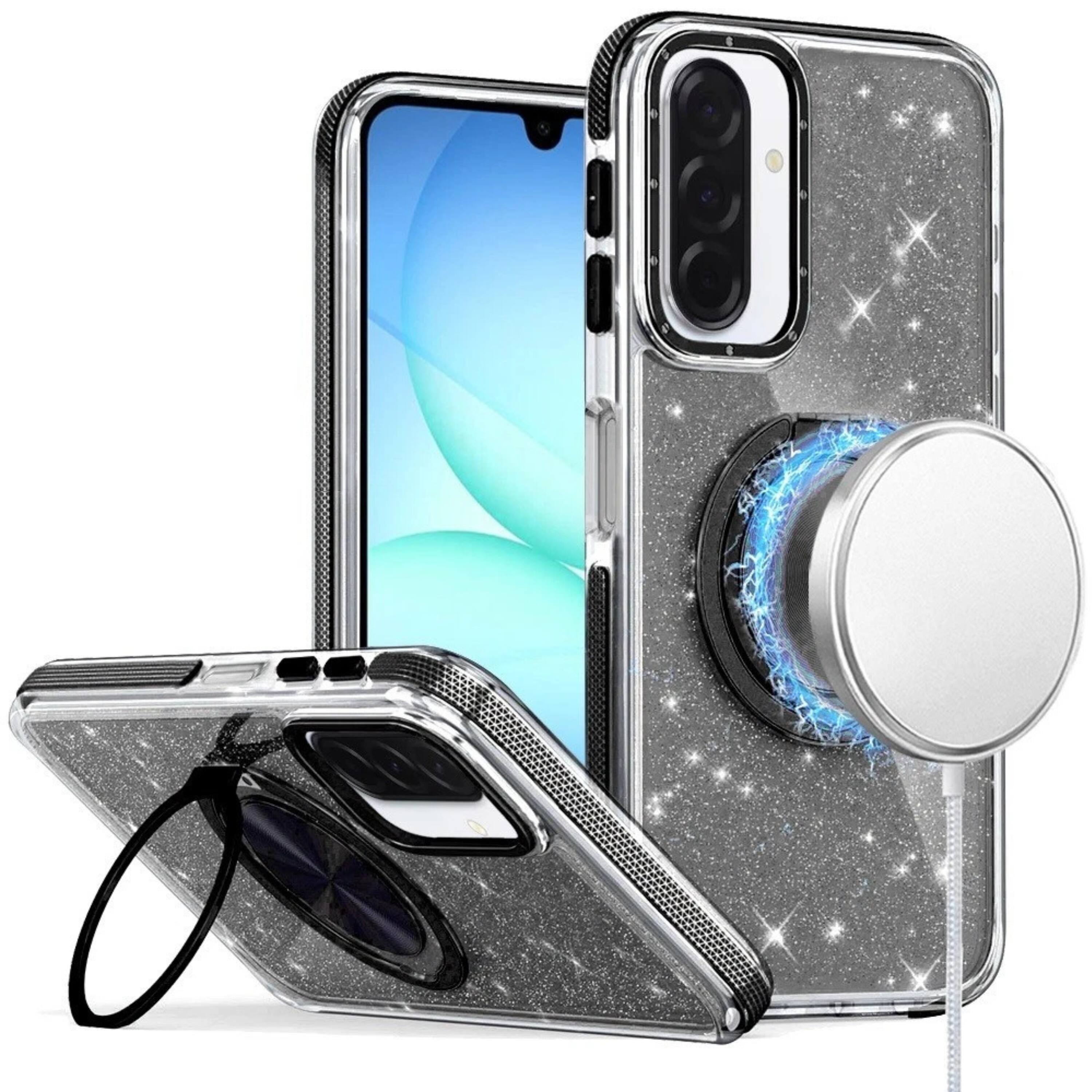 Front. Kitcheniva - Magnetic Circle Glitter Case For Samsung A17 5G With Ring Stand And Tempered Glass Black - Black.