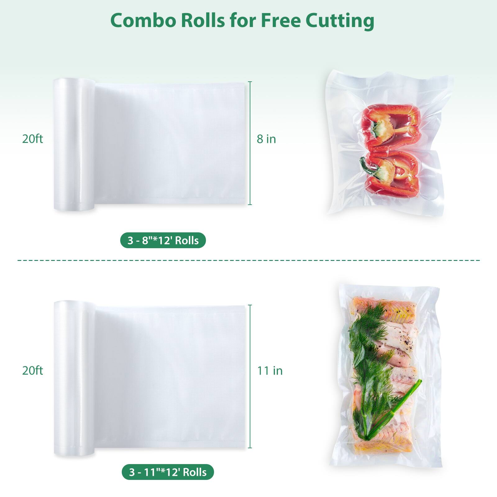 Combo Rolls for Free Cutting

20ft x 8 in  
3 - 8" x 12' Rolls

20ft x 11 in  
3 - 11" x 12' Rolls