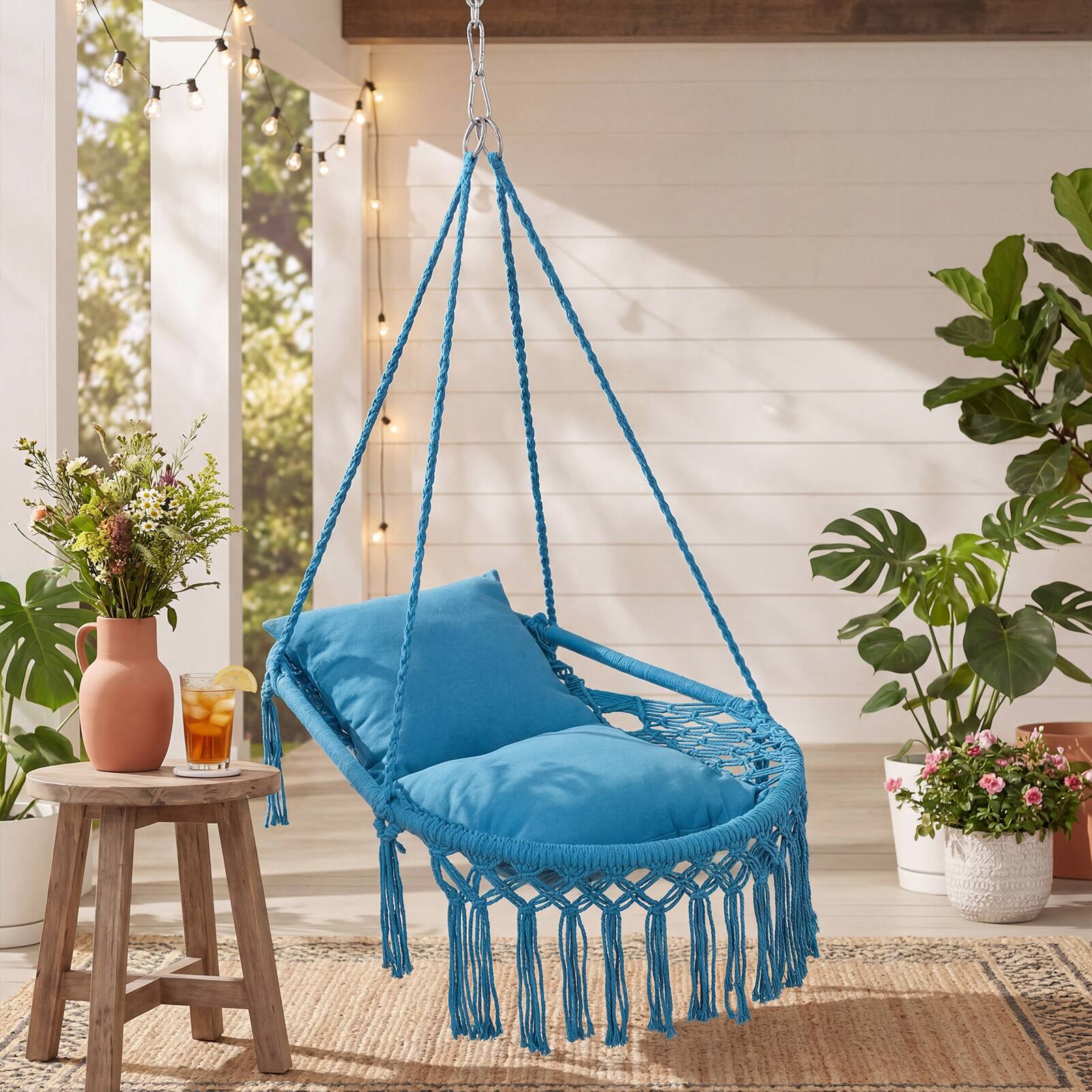 Alt View 3. Costway - Costway Macrame Swing Chair with 2 Removable Cushions, Enduring Polyester Cotton Ropes - Blue.
