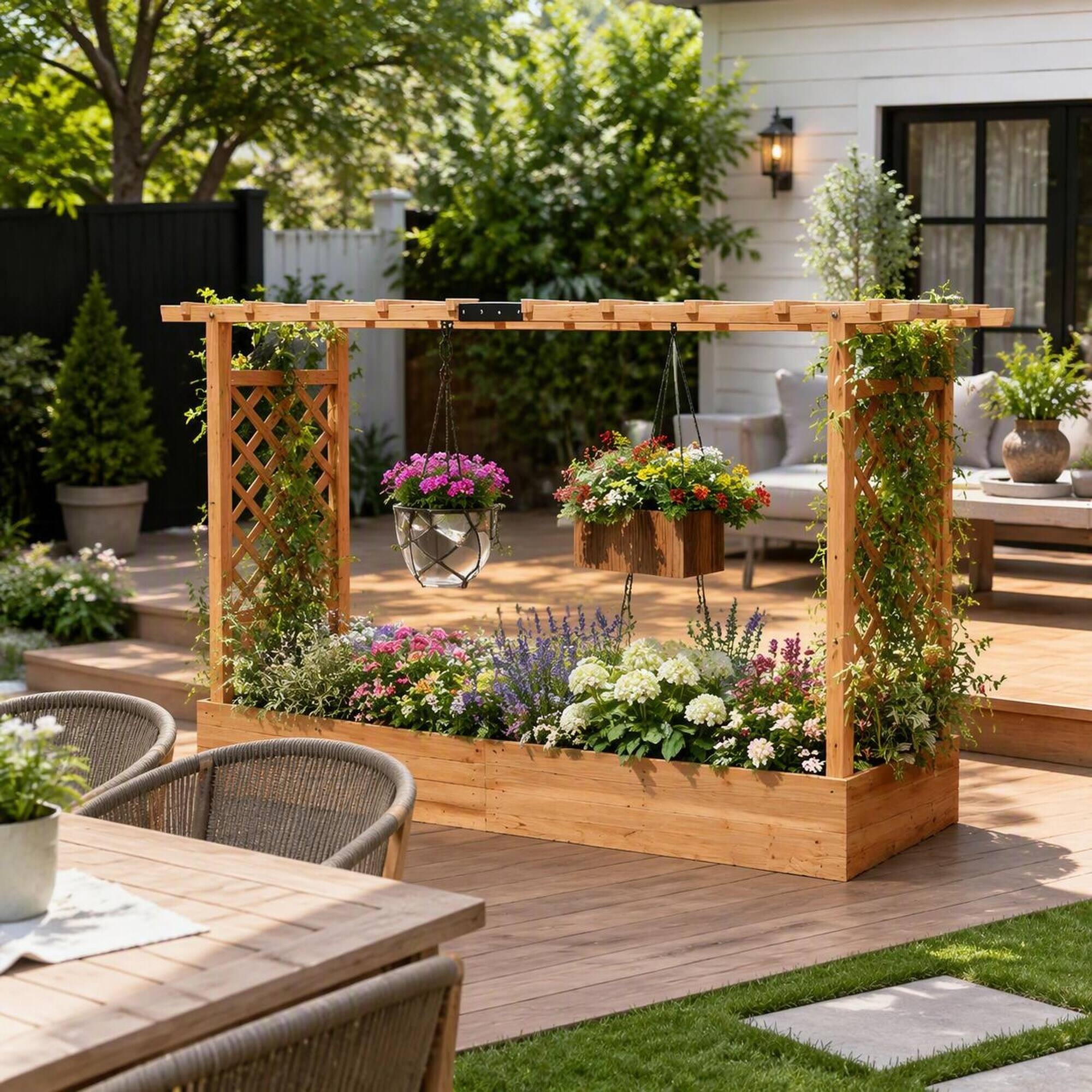 Left. RYHNUYNE - Wooden Raised Garden Bed with Arched Trellis, Fir Wood Planter Box for Climbing Plants, Large 68.9x15.4 Inch - Natural Wood.