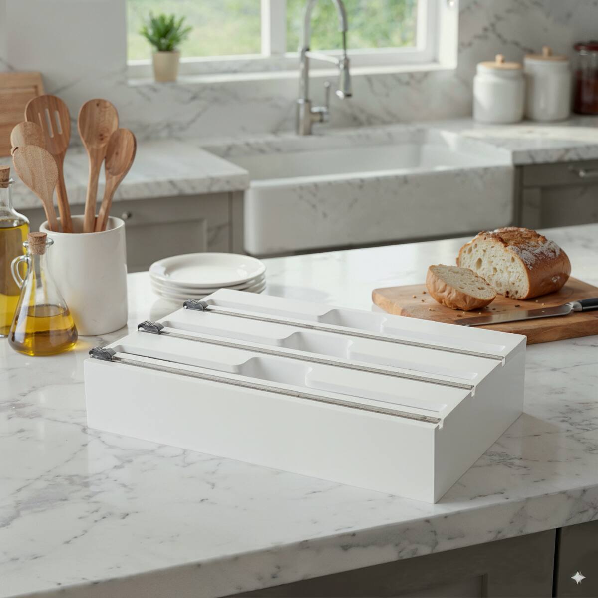 Alt View 1. Tooloton - 3 in 1 Wrap Dispenser with Cutter and Labels, Storage Holder for 12-Inch Plastic Wrap, Foil, and Wax Paper Rolls, White - White.