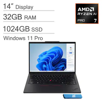 14" Display
32GB RAM
1024GB SSD
Windows 11 Pro
AMD Ryzen AI PRO 7
ThinkPad ist Cpes