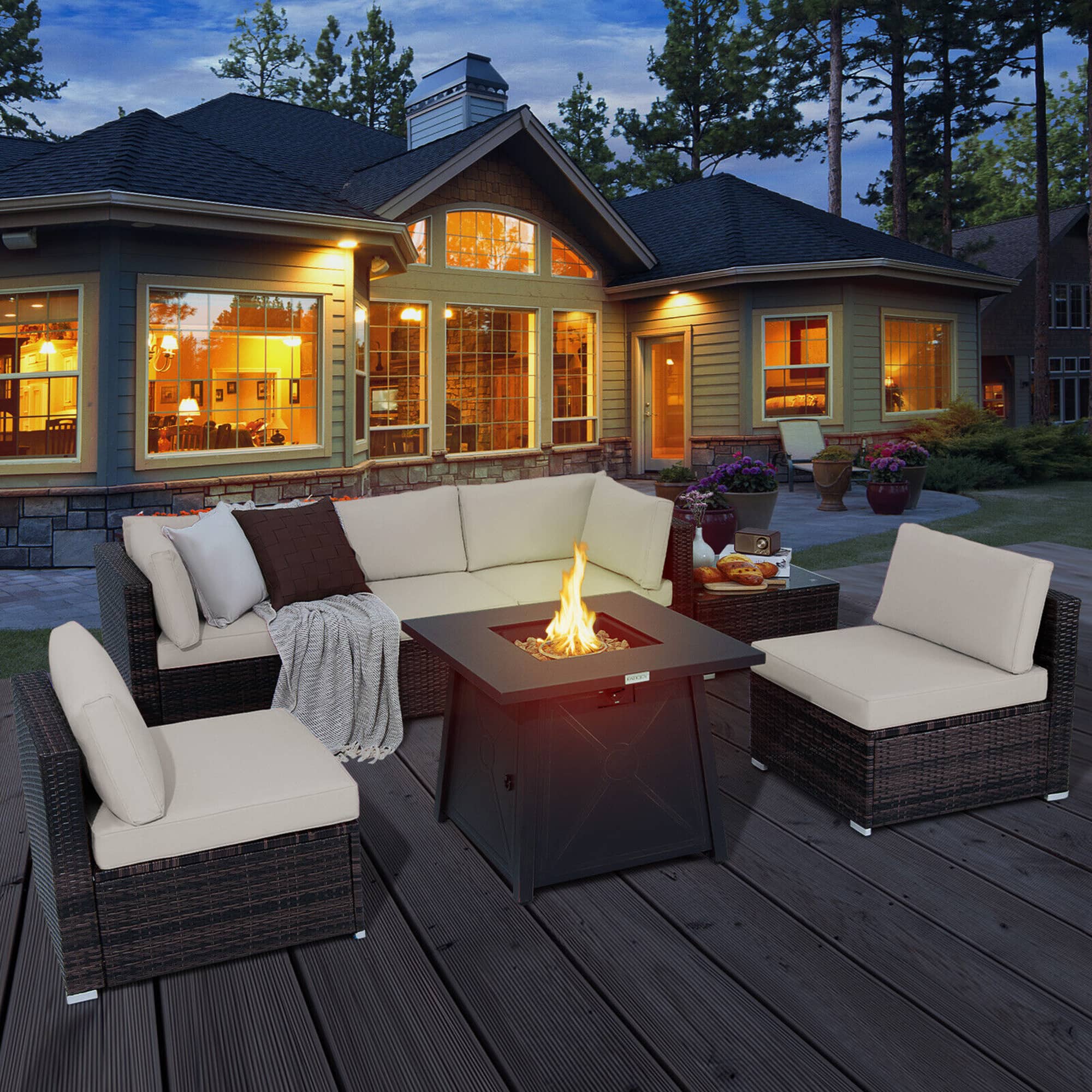Gymax - 7PCS Rattan Patio Sectional Furniture Set w/ 30'' Fire Pit Table & Cushion - Off White
