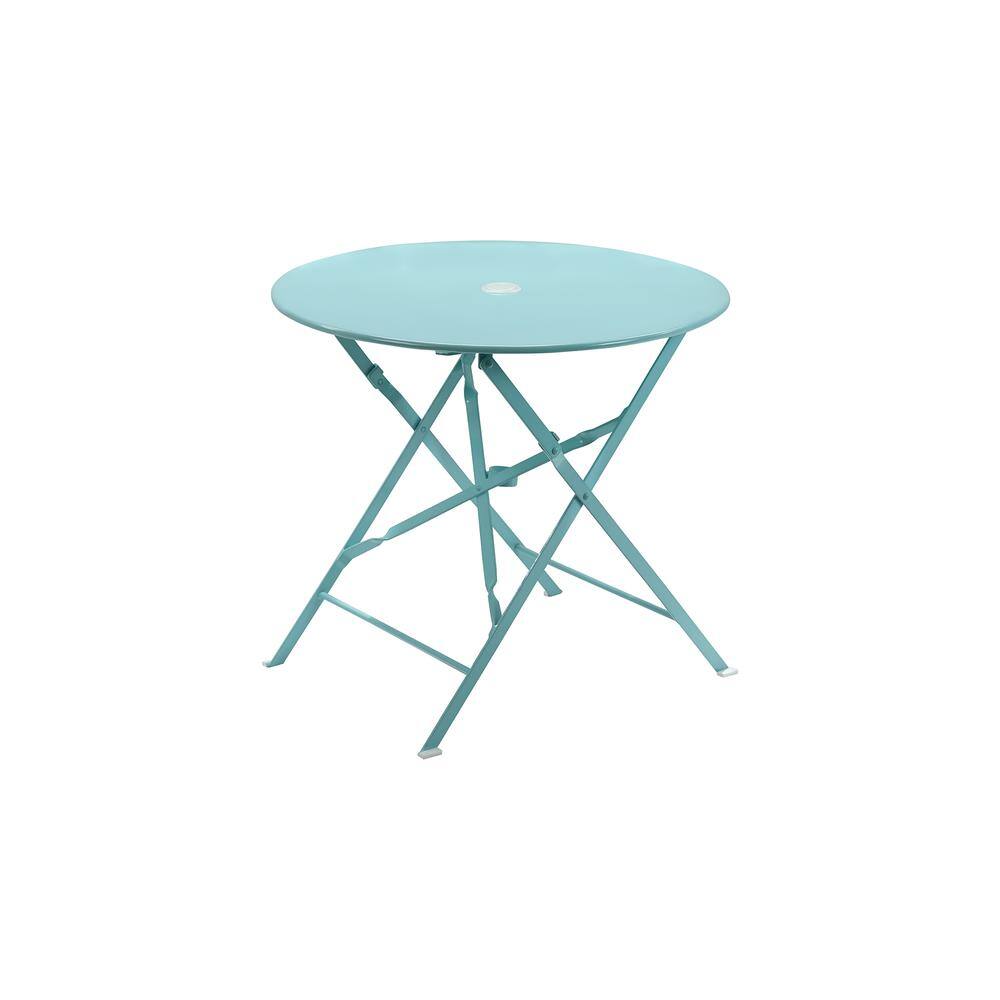Front. Carolina Chair & Table - Bistro 30" Round Folding Outdoor Table - Umbrella Hole - Teal - Blue.