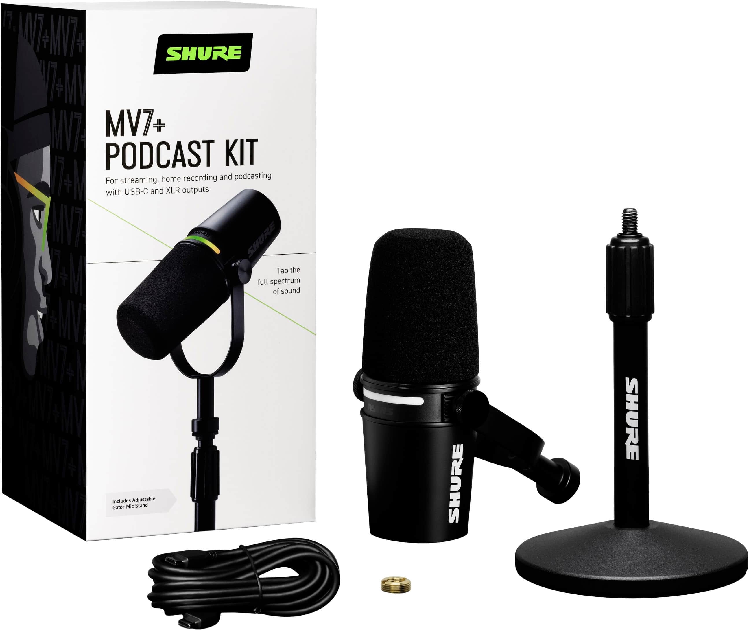 The image features a Shure MV7+ Podcast Kit, which includes a microphone, a windscreen, and a podcasting kit. The microphone is designed for recording and podcasting, with USB-C and home XLR outputs for streaming and recording purposes. The kit also comes with an adjustable Gator Mic Stand for added stability and convenience.