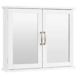 WELLFOR - 2-Tier Wall-Mounted Bathroom Mirror Cabinet with Double Doors and Metal Handles - White