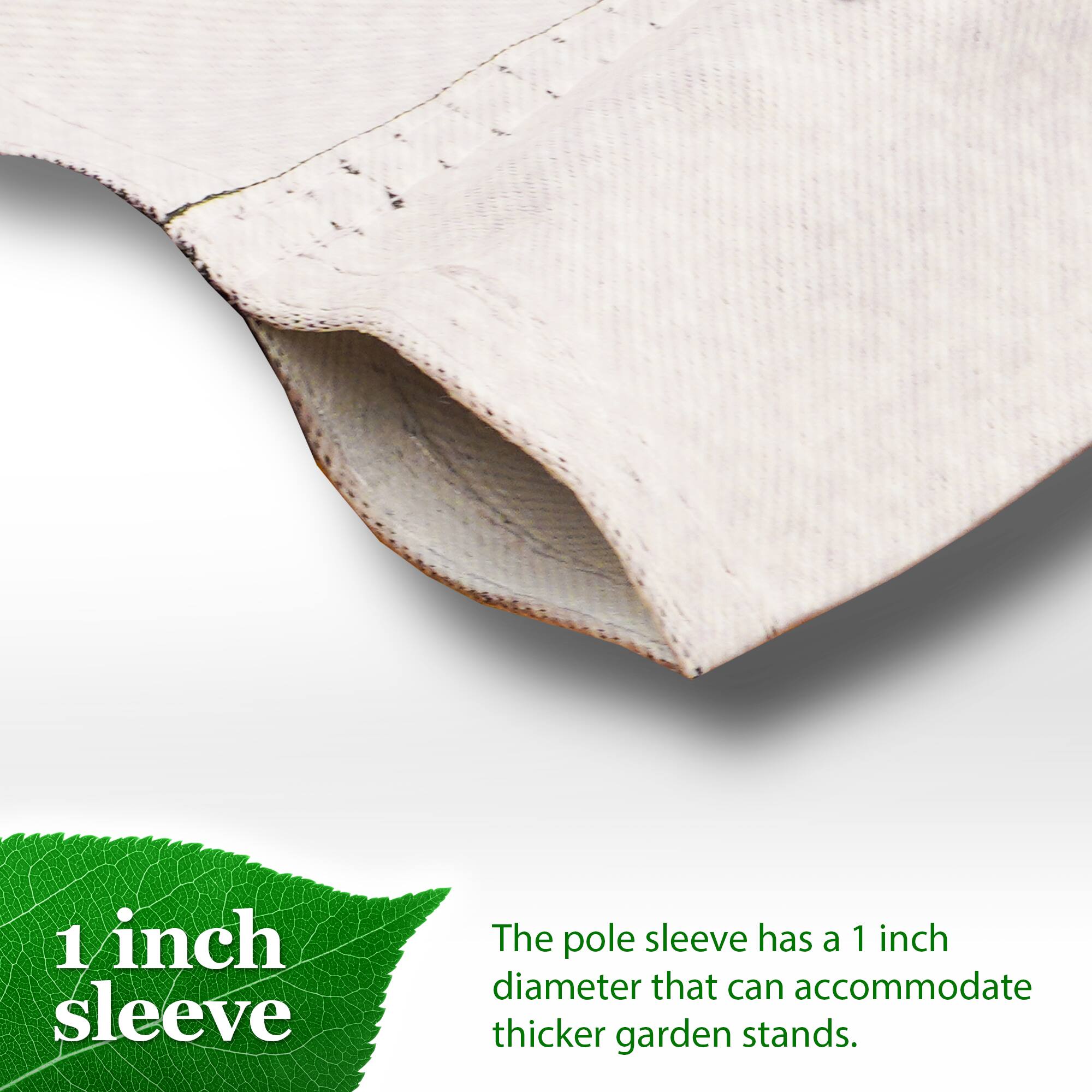 1 inch sleeve

The pole sleeve has a 1 inch diameter that can accommodate thicker garden stands.