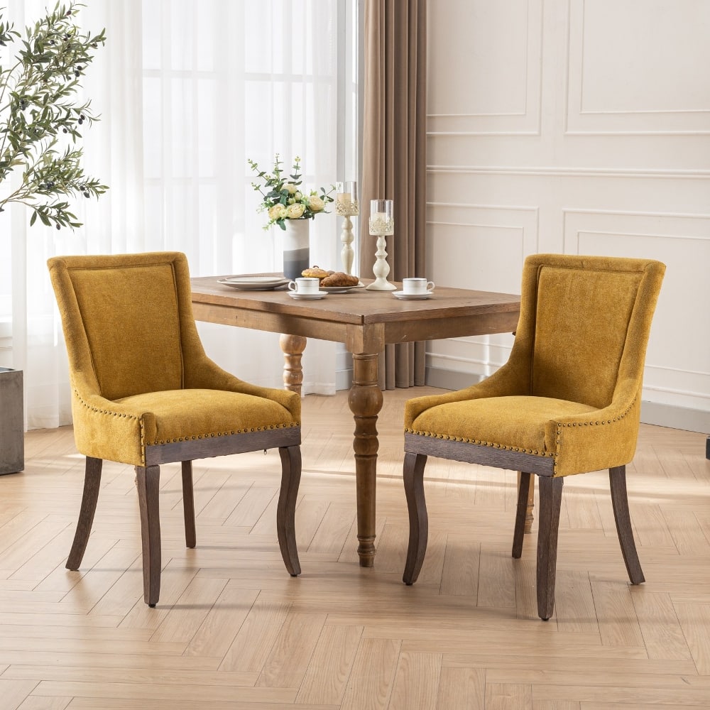 Loheer - Dining Chairs Set of 2 Thick Fabric High Back Solid Wood Legs - Golden Yellow price history on PriceWatchPro