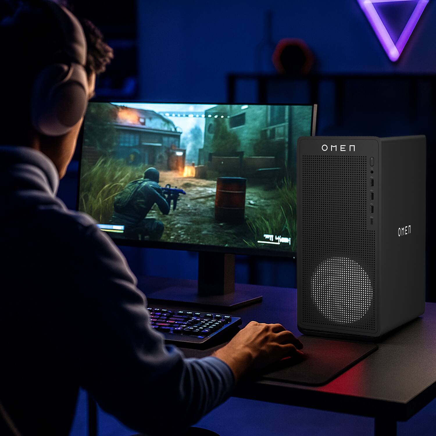 Alt View 5. HP - Omen 16L Gaming DT - Intel Core i7-14700F - NVIDIA GeForce RTX 5060 - 64GB RAM - 2TB SSD - Thunderobot RGB Keyboard - Black.