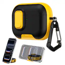 Dteck - Case for AirPods Pro 3rd Gen (2025) with Lock Closure,Stand & Carabiner,Shockproof Leather Texture Earbuds Cover - Blackyellow