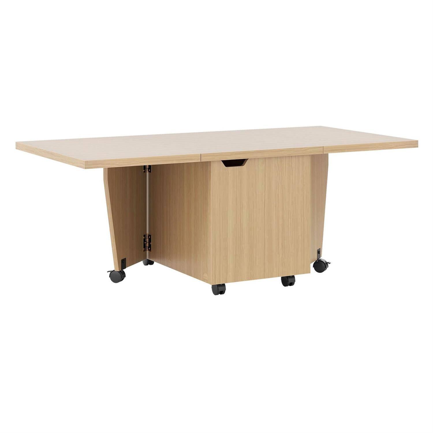 Front. Pefilos - Foldable Coffee Table, Built-in Storage Cabinet, Extendable Tabletop, Lockable Rolling Wheels, Oak - Brown.