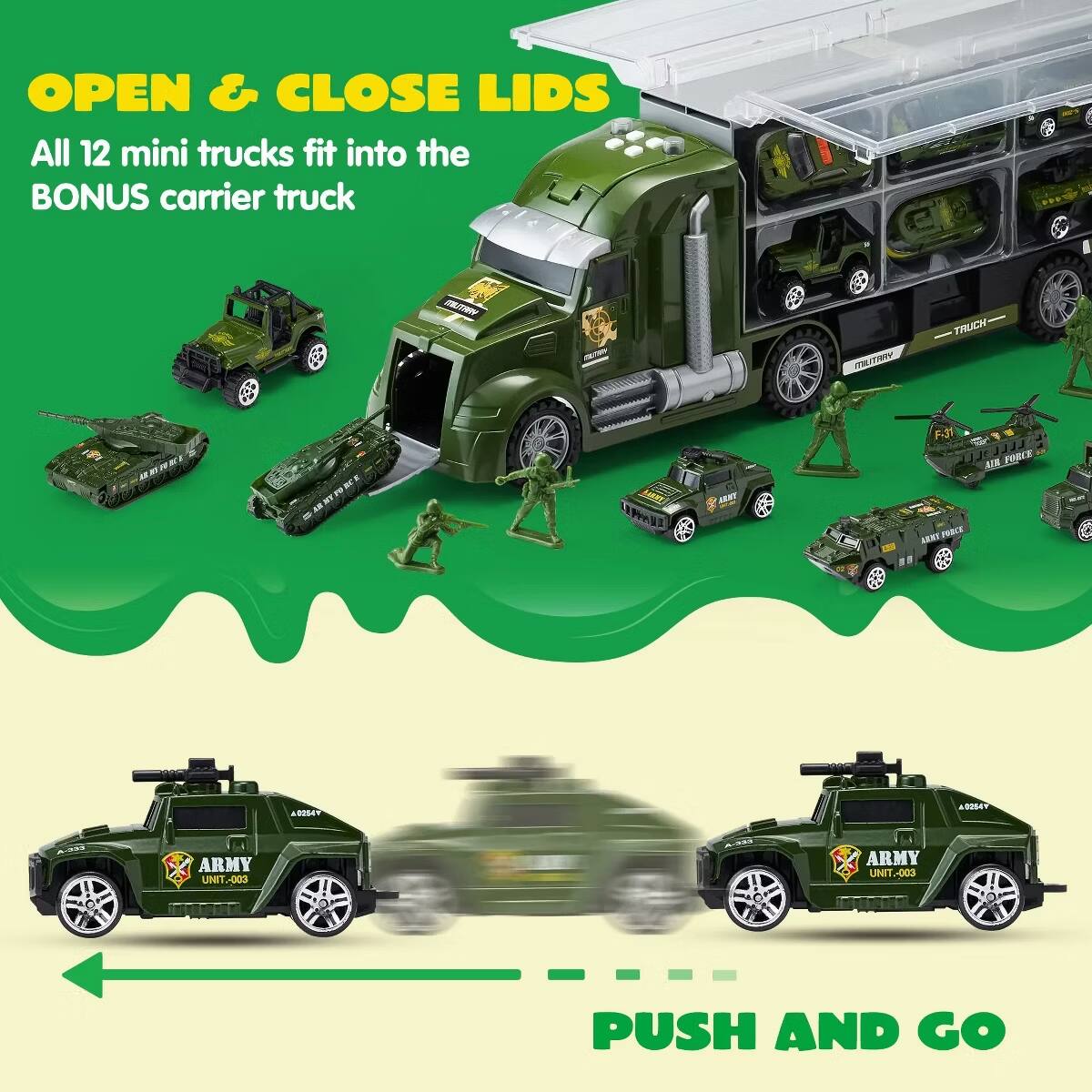 OPEN & CLOSE LIDS  
All 12 mini trucks fit into the BONUS carrier truck  

M/ mIT TRUCK ASI -Y F-31 SERT FRECE  
FORCE 234Y  
ARMY UNIT-003  
ARMY UNIT-003  

PUSH AND GO