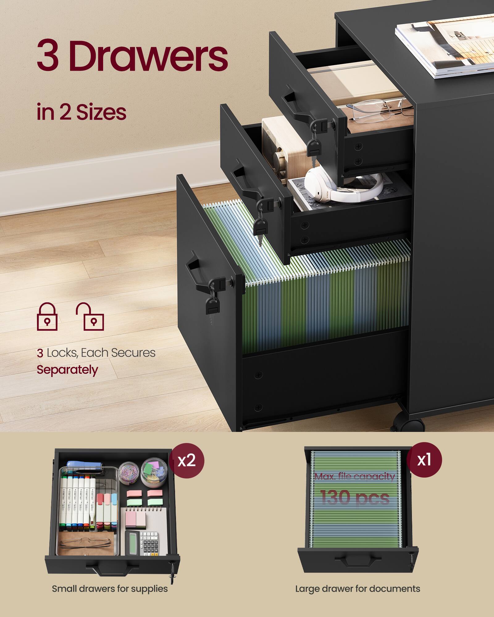 3 Drawers in 2 Sizes  
3 Locks, Each Secures Separately  

Small drawers for supplies (x2)  
Large drawer for documents (x1)  

Max file capacity: 130 pcs