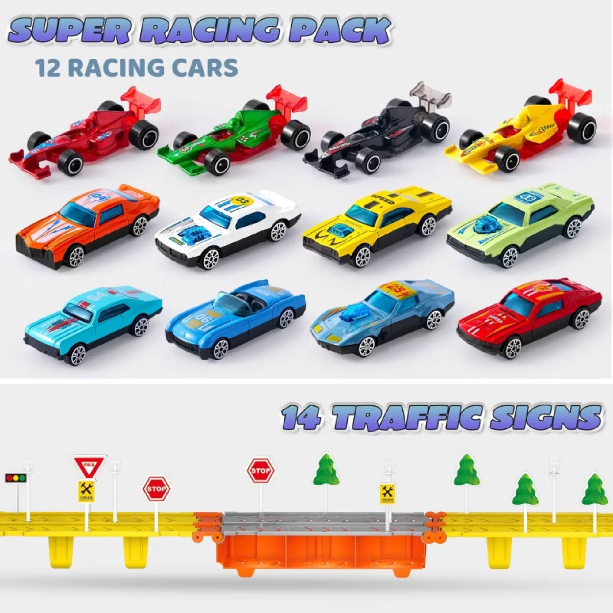 SUPER RACING PACK  
12 RACING CARS  
14 TRAFFIC SIGNS