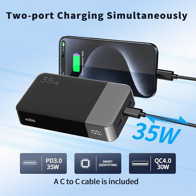 Two-port Charging Simultaneously

86% 35w
66% power Current

Nobis

PD3.0 35W
35W SMART QC4.0 IDENTIFYING 30W

A C to C cable is included
