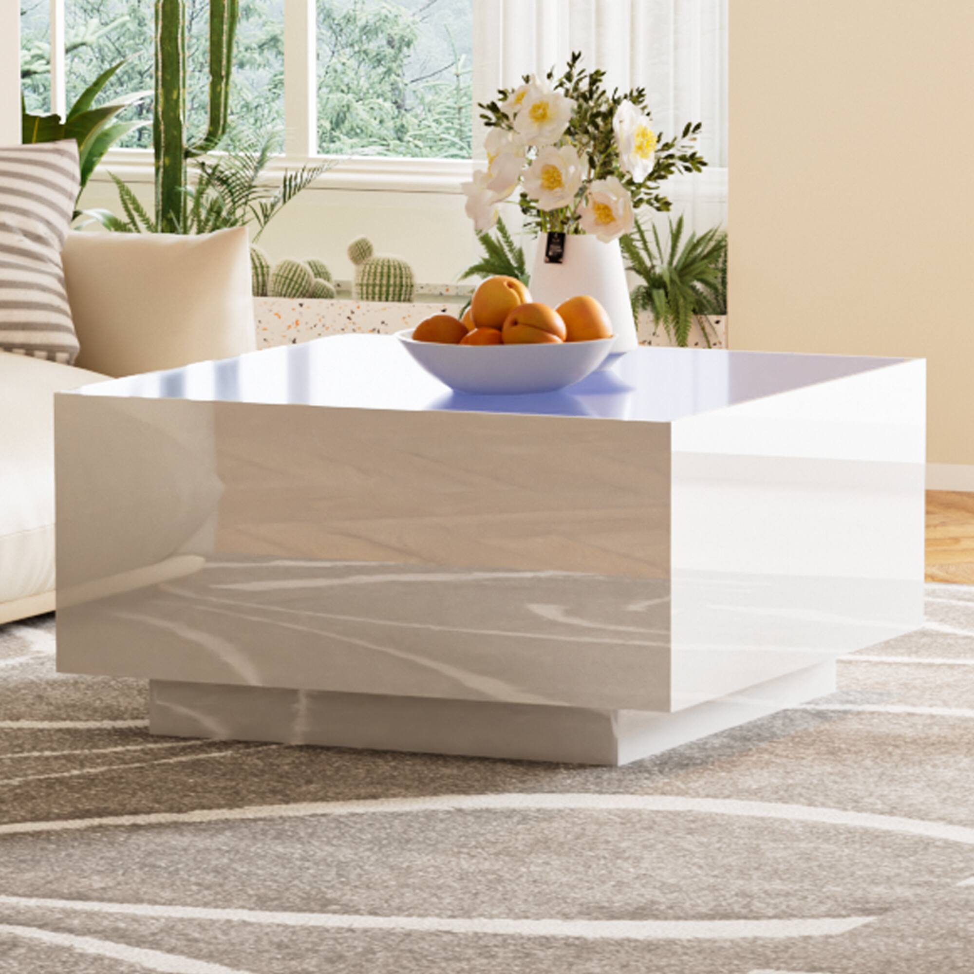 Angle. Tiramisubest - Square High Glossy Coffee Table with 16-color LED Strip Lights,Modern Center Table with Frosted Tempered Glass Top,White - White.