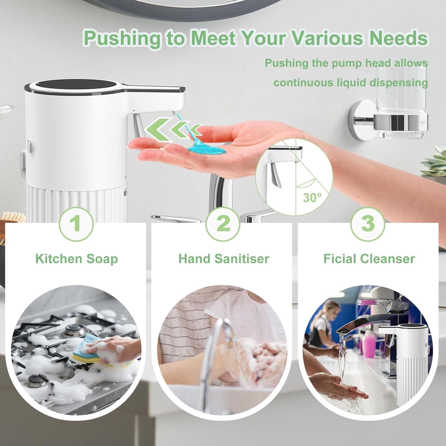Pushing to Meet Your Various Needs  
Pushing the pump head allows continuous liquid dispensing  

1. Kitchen Soap  
2. Hand Sanitiser  
3. Facial Cleanser