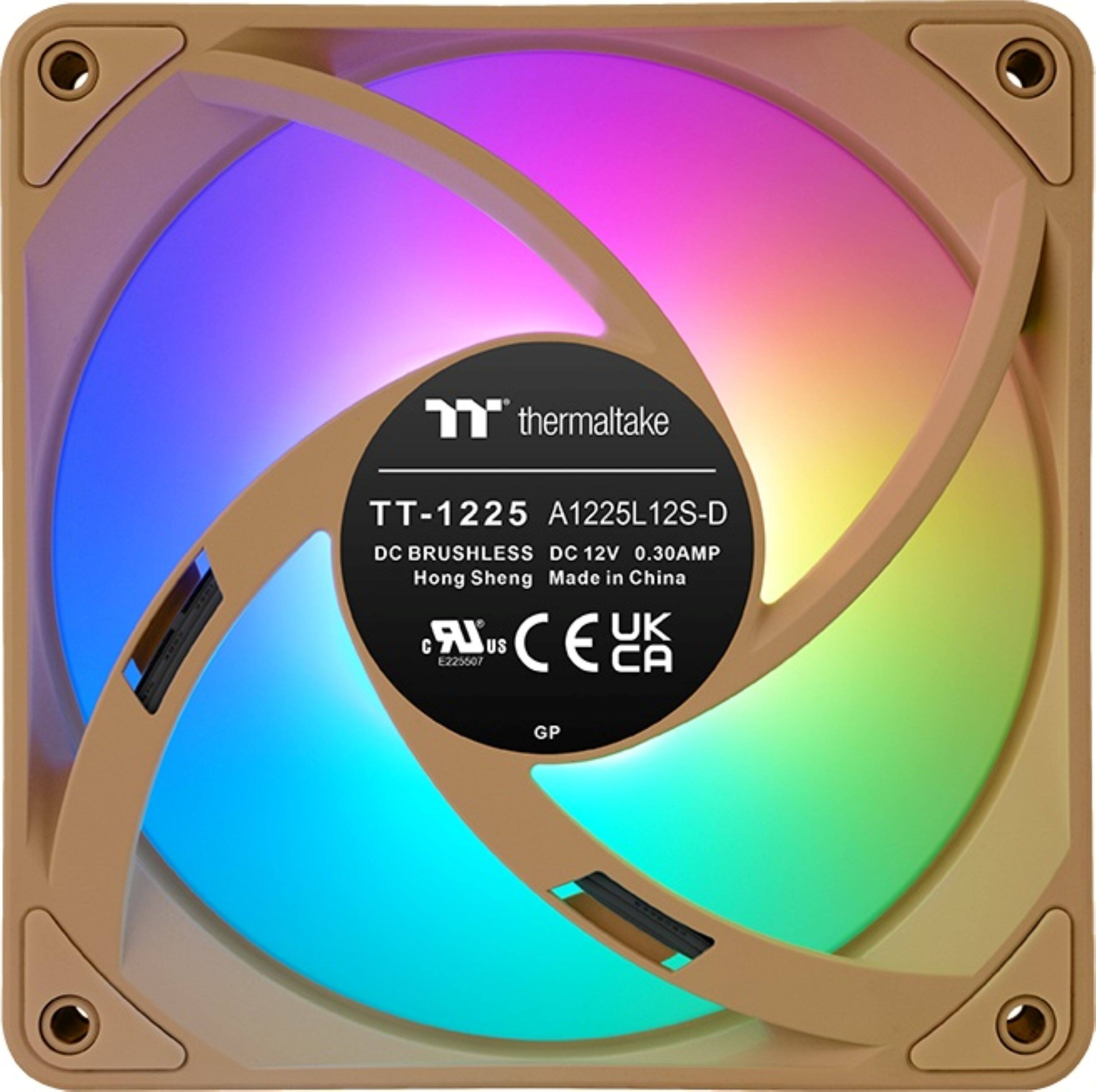 The text on the image reads: "thermaltake TT-1225 A1225L12S-D DC BRUSHLESS DC 12V 0.30AMP Hong Sheng Made in China LR UK C E225007 US C E CA GP". This text is describing a fan made by the company Thermaltake, which is a DC brushless fan with a voltage of 12V and an amperage of 0.30AMP. The fan is made in China and is designed for use in the UK, US, and other countries. The fan is also marked with the CE and CA certifications.