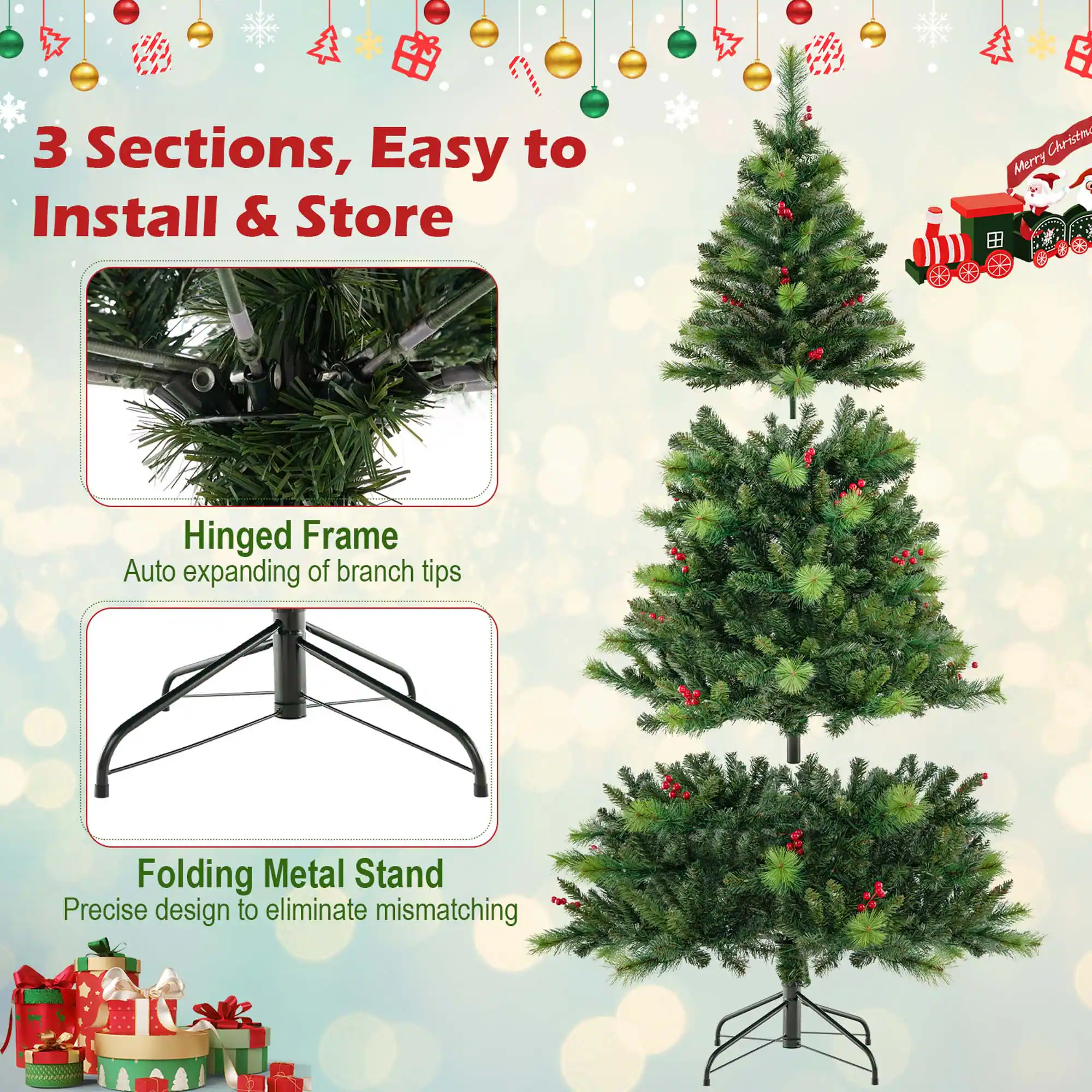 3 Sections, Easy to Install & Store Christmas Tree. Merry Hinged Frame Auto expanding of branch tips Folding Metal Stand Precise design to eliminate mismatching.