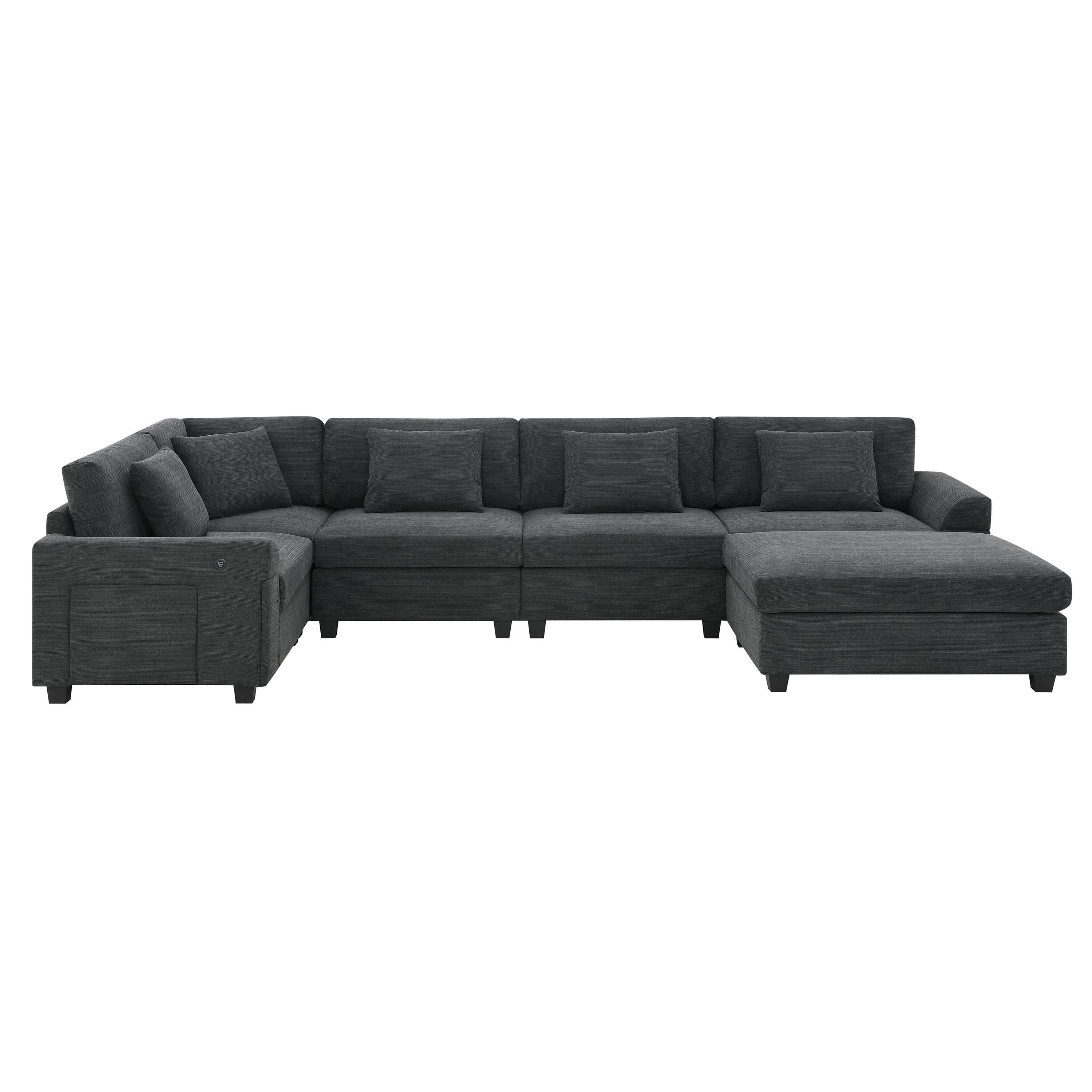 Left. Whisen - 128" U-Shaped Chenille Sectional Sofa with USB Charging Ports &Ottoman for Living Room - Black.