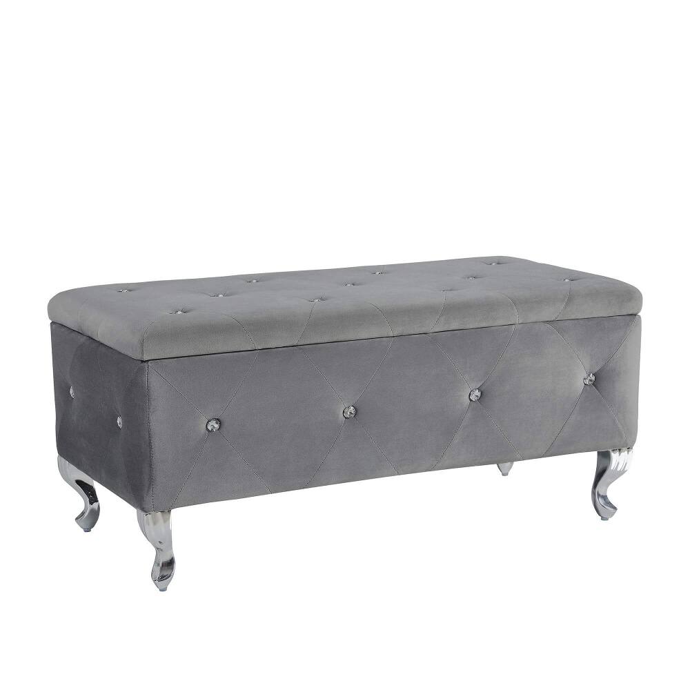 Left. Ropilly - Ropilly Tufted Storage Ottoman Bench Grey Velvet End of Bed Bench with Crystal Buttons Entryway Shoe Footrest - Grey.