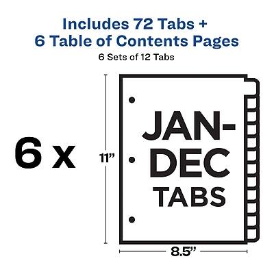Includes 72 Tabs + 6 Table of Contents Pages  
6 Sets of 12 Tabs  
6 x 11" JAN-DEC Tabs  
8.5"