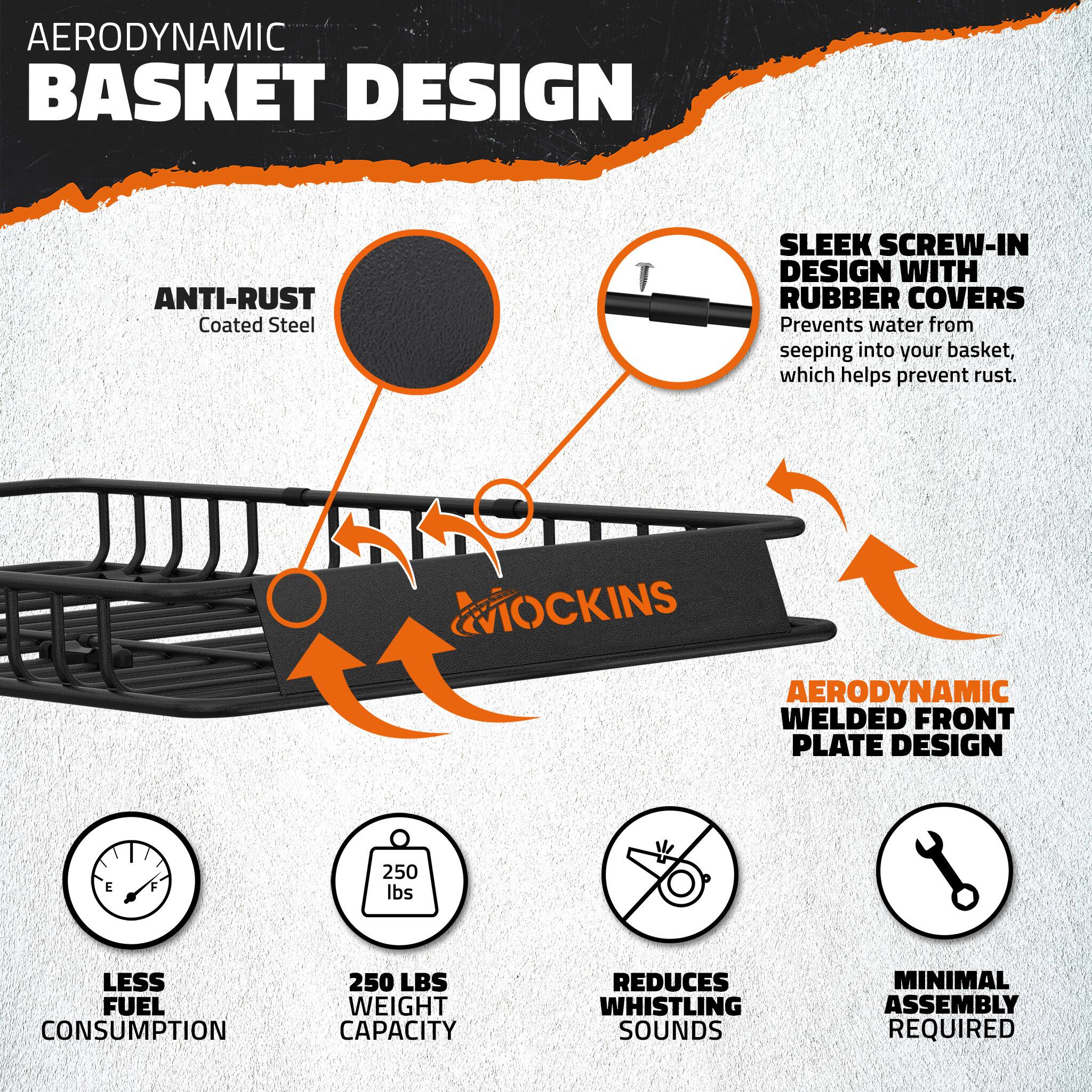AERODYNAMIC BASKET DESIGN

ANTI-RUST Coated Steel

SLEEK SCREW-IN DESIGN WITH RUBBER COVERS
Prevents water from seeping into your basket, which helps prevent rust.

AERODYNAMIC WELDED FRONT PLATE DESIGN

LESS FUEL CONSUMPTION

250 LBS WEIGHT CAPACITY

REDUCES WHISTLING SOUNDS

MINIMAL ASSEMBLY REQUIRED