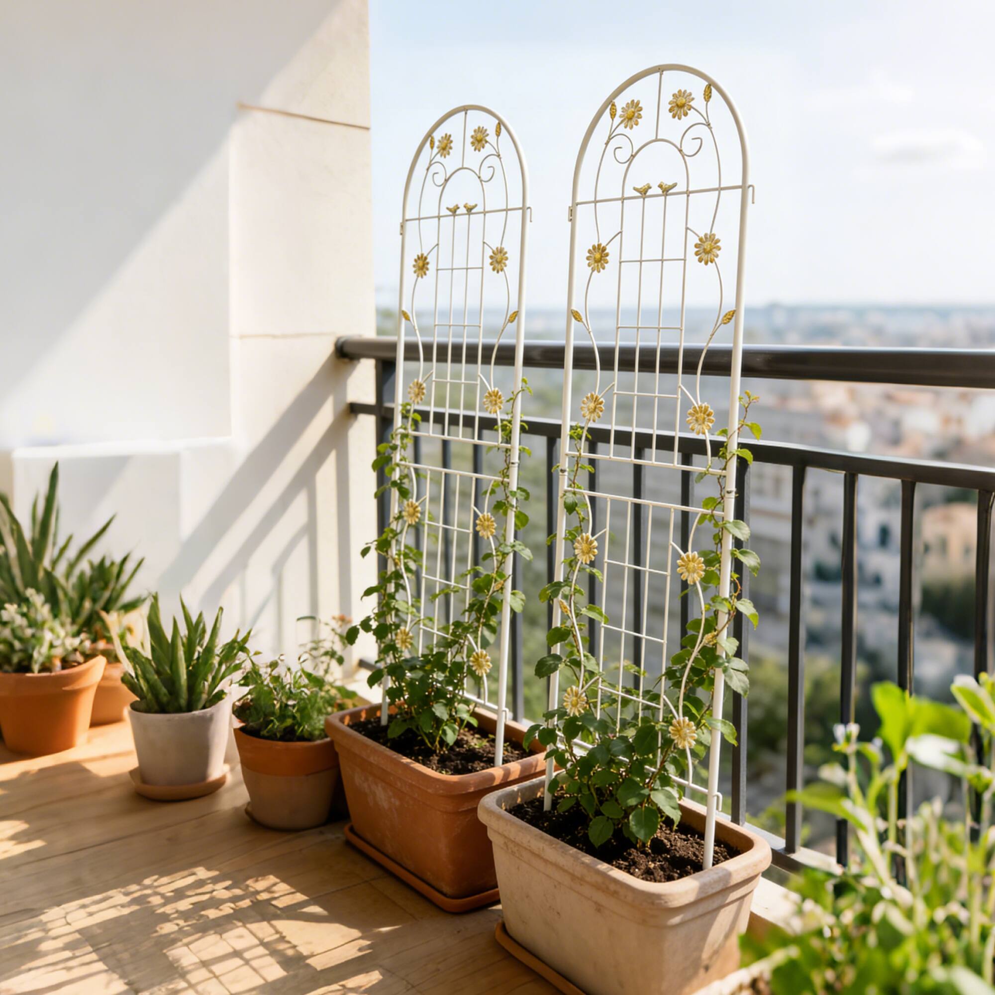Back. Loheer - 2 Pack Metal Garden Trellis for Climbing Plants Outdoor Flower Support - Cream White.