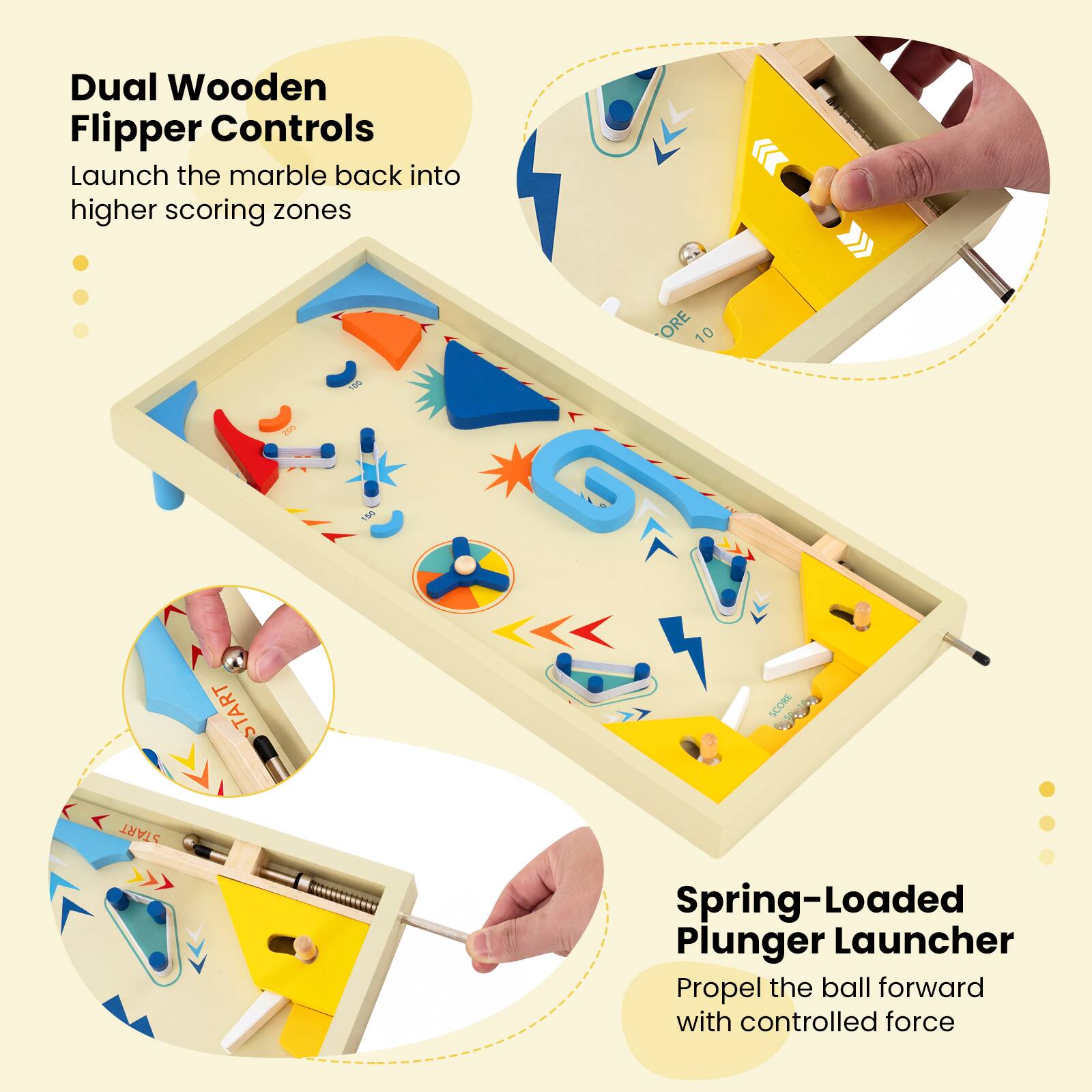 Dual Wooden Flipper Controls  
Launch the marble back into higher scoring zones

Spring-Loaded Plunger Launcher  
Propel the ball forward with controlled force