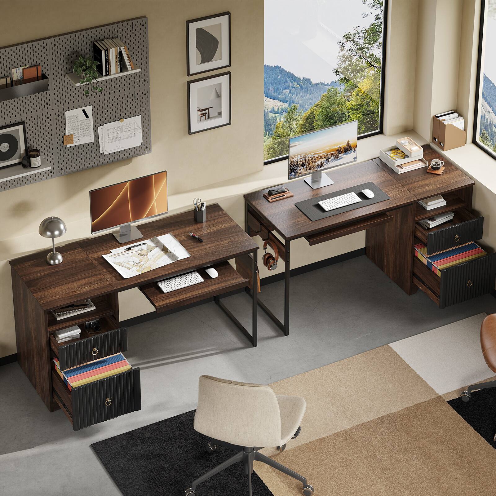 Left. Bestier - 55inch Executive Computer desk with Keyboard Tray Modern Storage File Drawer Fluted Panel 2 Hooks - Walnut.