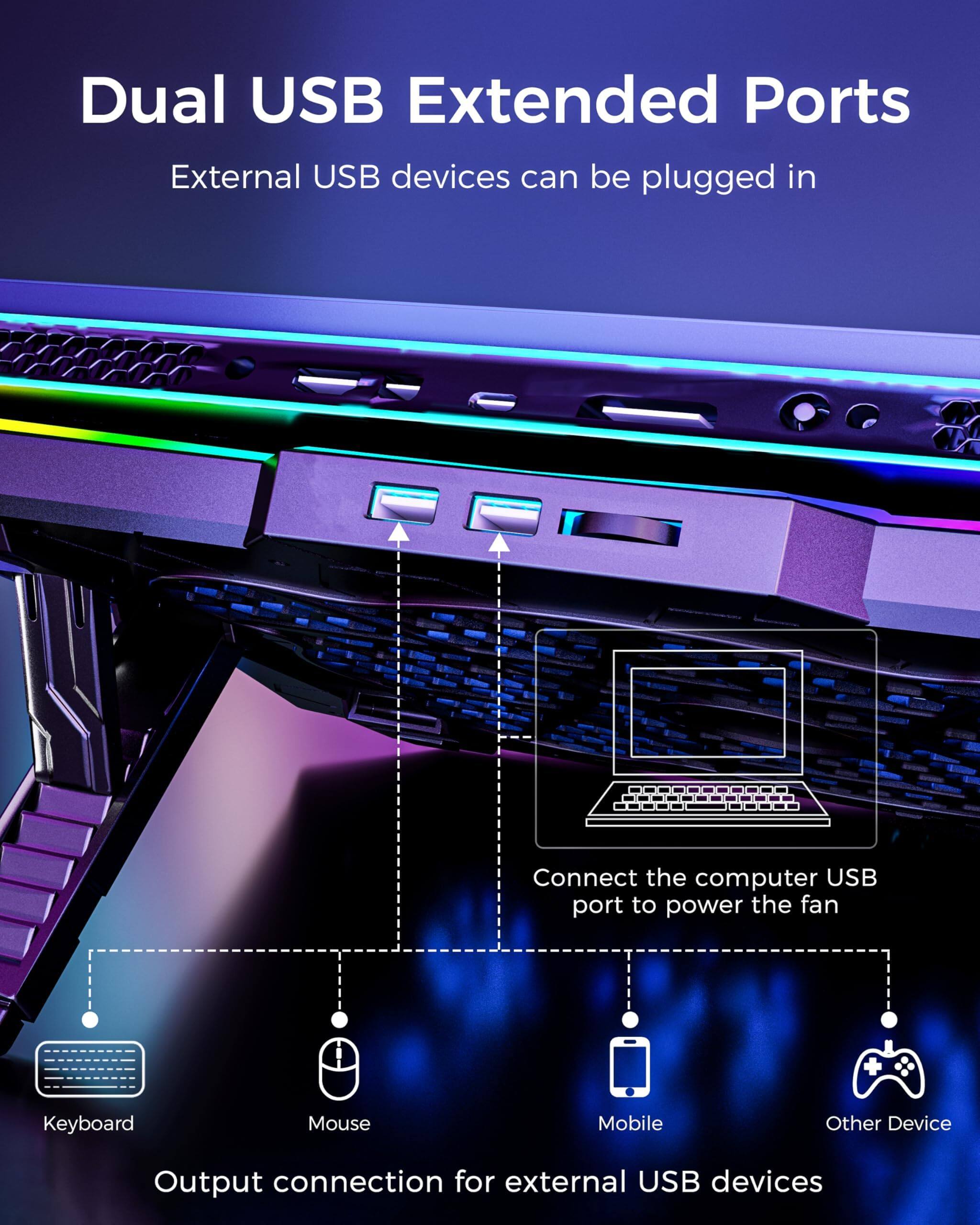 Dual USB Extended Ports  
External USB devices can be plugged in  

Connect the computer USB port to power the fan  

Output connection for external USB devices  
- Keyboard  
- Mouse  
- Mobile  
- Other Device