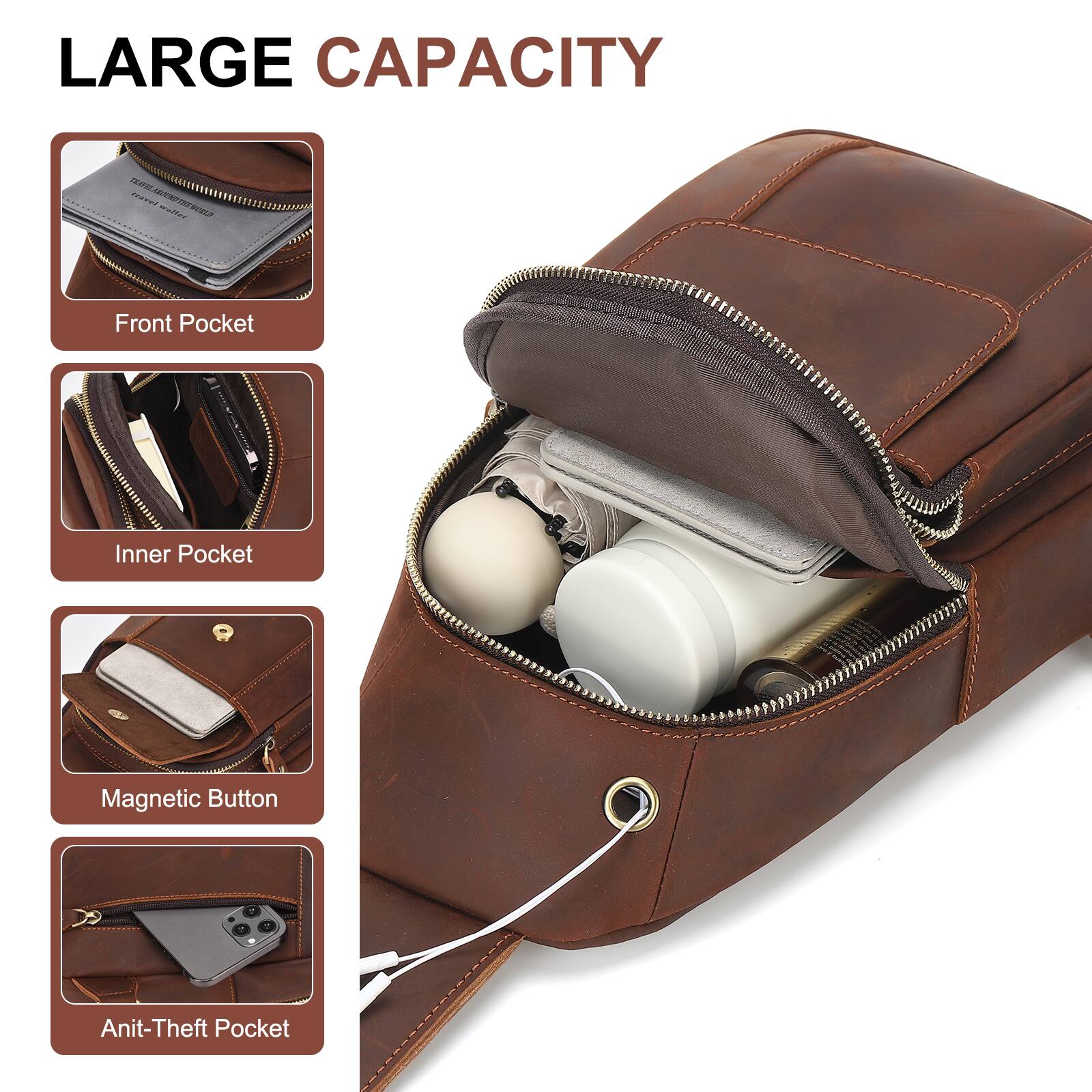 LARGE CAPACITY

- Front Pocket
- Inner Pocket
- Magnetic Button
- Anti-Theft Pocket
