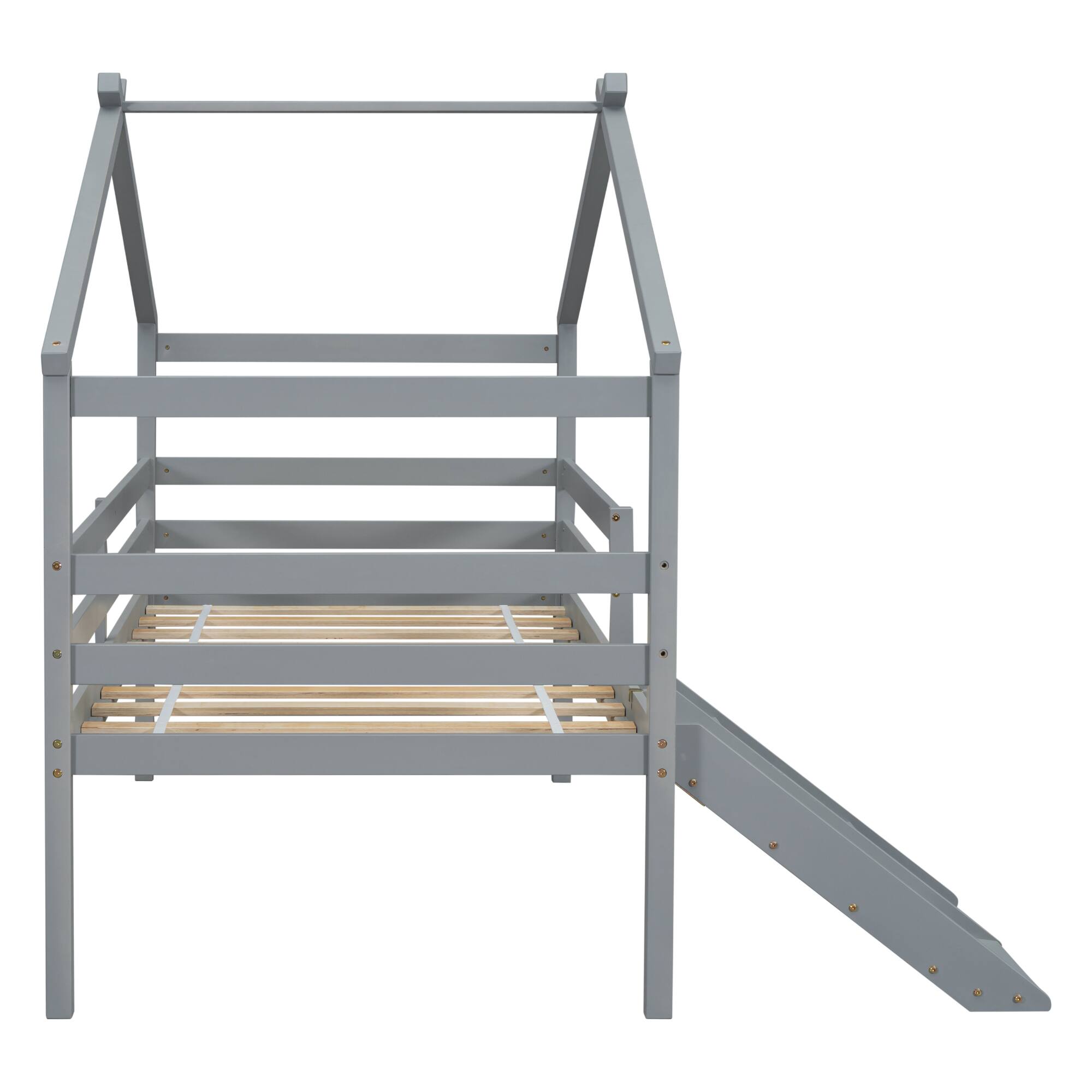 Angle. GOODSILO - Low Loft House Bed with Slide and Ladder for Kids Featuring Safety Guardrails and Play Space - Grey.