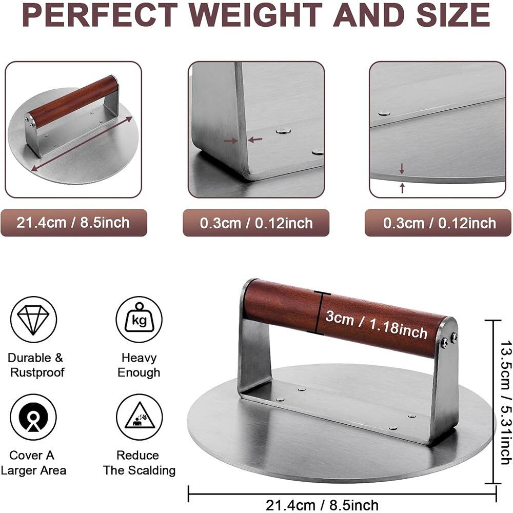 PERFECT WEIGHT AND SIZE

- 21.4cm / 8.5inch
- 0.3cm / 0.12inch
- 0.3cm / 0.12inch
- 3cm / 1.18inch
- 13.5cm / 5.31inch

- Durable & Rustproof
- Heavy Enough
- Cover A Larger Area
- Reduce The Scalding