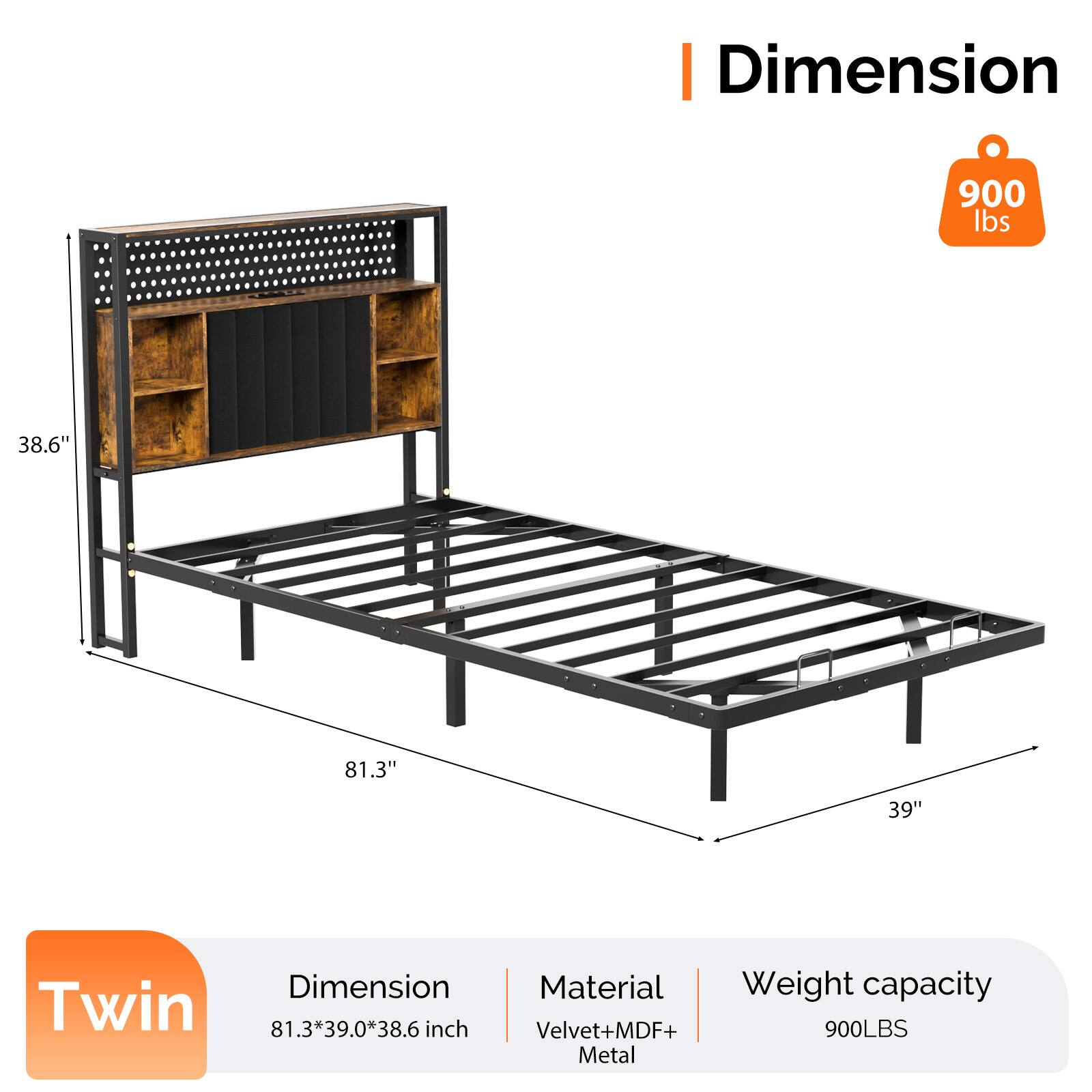 - Dimension: 81.3" x 39.0" x 38.6" inch
- Material: Velvet + MDF + Metal
- Weight capacity: 900 lbs
- Twin