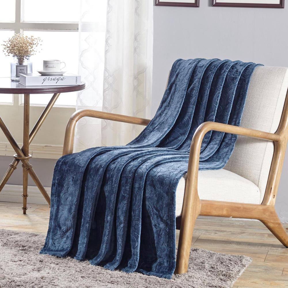 Alt View 1. Noble House - Dama Scroll All Season Embossed Pattern Ultra Soft and Cozy 50" x 60" Throw Blanket, Oxford Blue - Oxford blue.