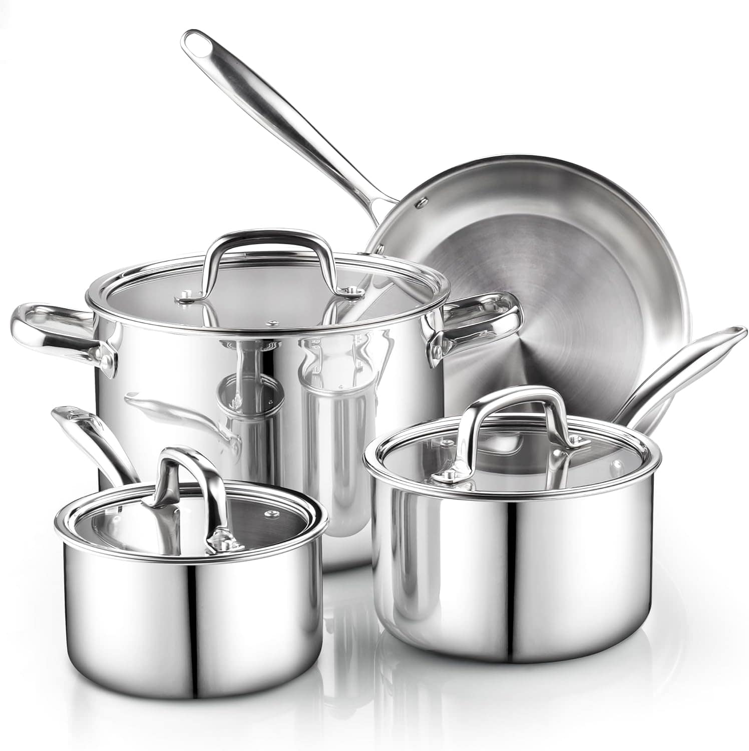 Cook N Home - Classic S/S Tri-ply Clad 7pc cookware set, Sauce & Frying pan, Stockpot w/Glass Lid, Induction Dishwasher and Oven Safe - stainless steeel