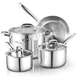 Cook N Home - Classic S/S Tri-ply Clad 7pc cookware set, Sauce & Frying pan, Stockpot w/Glass Lid, Induction Dishwasher and Oven Safe - stainless steeel